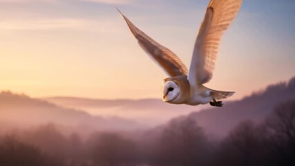 Flying Barn Owl Gliding Over Misty Forest Landscape at Sunrise - Powered by Adobe