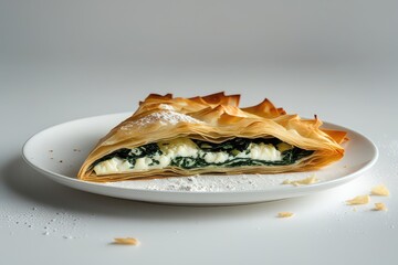 Spanakopita slice on white plate with flaky pastry and spinach filling dusted with powder