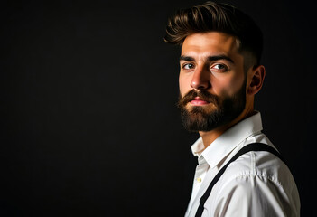 Fototapeta premium Cinematic portrait of hipster man with beard and short-sided hairstyle, dressed in white shirt and suspenders. Positioned left with dramatic lighting and ample negative space in dark background.