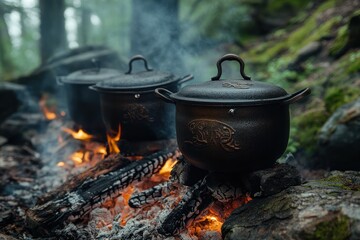 Cast iron cooking set for preparing meals over a campfire outdoors