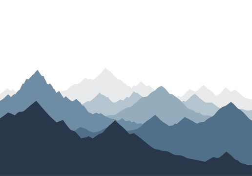 Scenic mountain range panorama with layered silhouettes in misty blue tones. Abstract vector landscape illustration for background design.