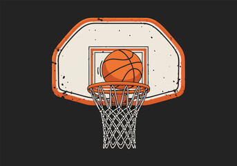 Retro basketball emblem with a ball swishing through the hoop and net. Vintage sports vector illustration with a distressed texture for a classic look. © Purnomo