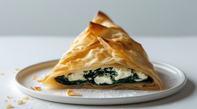 Spanakopita triangle on white plate with flaky golden pastry and spinach filling isolated - Powered by Adobe