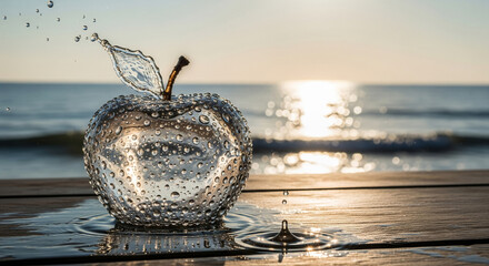 Water Apple Splashing on a Wooden Pier at Sunrise