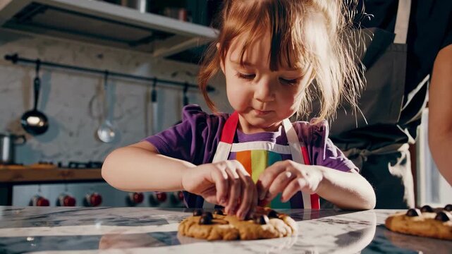 Kid bakes cookies at kitchen table showing family joy culinary development bonding togetherness happiness