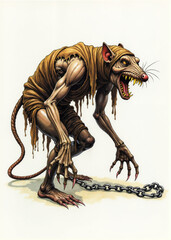 Old school RPG rat-like humanoid creature illustration with brown rags, emaciated limbs, and clawed hands, drawn in vintage tabletop fantasy style