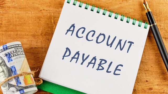 The phrase ACCOUNT PAYABLE appears in notepad. Animation of the concept words ACCOUNT PAYABLE. Business concept