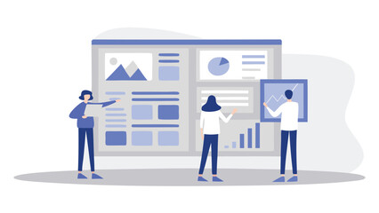 People presenting data on a large screen with charts graphs and various information displays in a meeting room