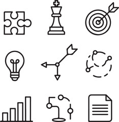 Fototapeta premium Business Strategy and Planning Icon Set Representing Puzzle Solving Leadership Targeting Innovation Growth and Documentation in a Clean Minimalist Style