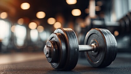 Obraz premium Close-up of a metallic dumbbell resting on a gym floor. Blurry gym equipment in the background