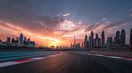 Sunrise cityscape viewed from a racetrack.  A vibrant sunset illuminates a modern metropolis, with a racetrack's curving asphalt path in the foreground.  Blurred motion suggests speed and activity