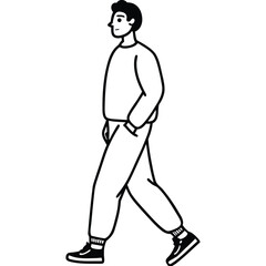 Smiling man walking with hands in pockets casual clothing