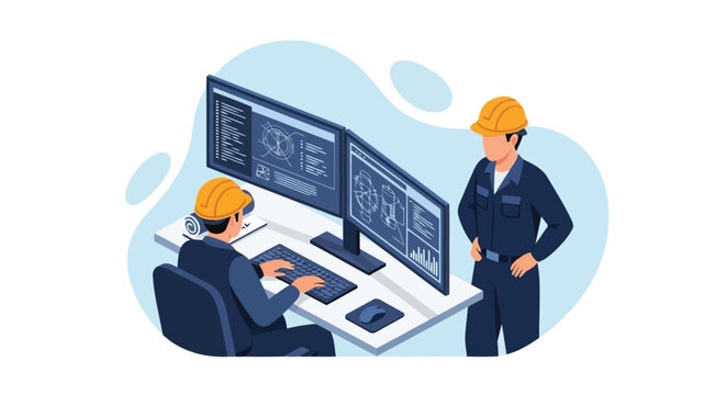 Two engineers in hard hats working on dual monitors with blueprints Vector illustration of