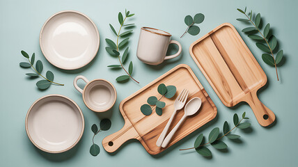 Flat lay of rustic ceramic tableware and wooden serving boards with eucalyptus leaves on a teal background