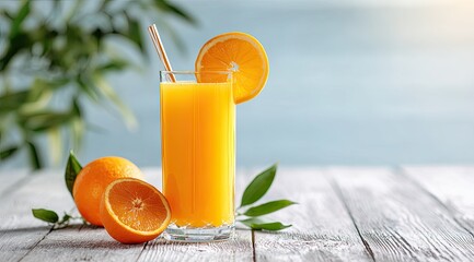 Fresh orange juice in a glass, with sliced oranges and leaves on a light wooden table, against a soft blue background