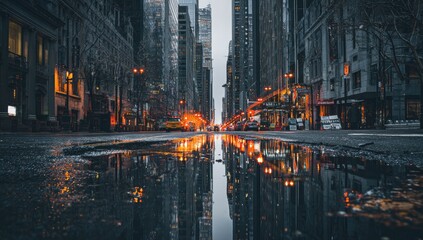 Urban street scene at dusk, reflected in a puddle