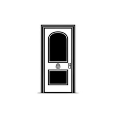 Illustration of a black and white paneled door with an arched top panel