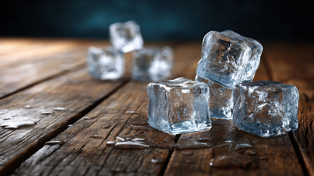 Close-Up Of Ice Cubes On Wooden Surface With Dark Background

