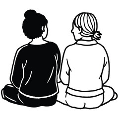 Two people sitting together facing away black and white