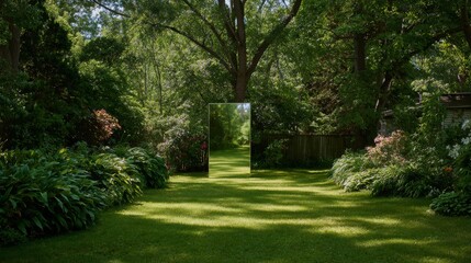 Mirror illusion in lush garden framed by dense greenery