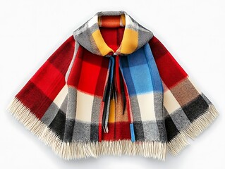 Fashionable red and blue plaid cape cozy home clothing indoor close-up warmth and style