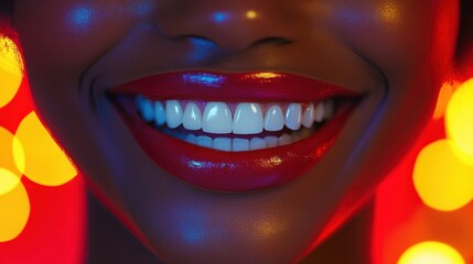 Fototapeta premium Radiant smiles captured in eye-level close-ups with vibrant backgrounds and aligned teeth