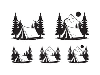 Obraz premium Camping tent with mountains and trees silhouette vector isolated on white background
