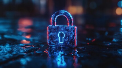 Enhancing digital security with a glowing blue padlock on a futuristic standard in a virtual environment