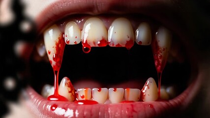A close up of creepy vampire fangs with blood dripping down them, perfect for Halloween and horror.