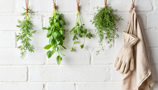 herbs hanging to dry in shed, White wall