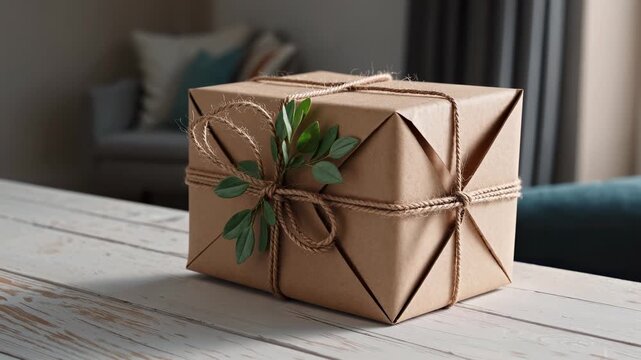 Handcrafted gift box tied with twine and fresh leaves on cozy table expresses care kindness thoughtful gesture celebration eco-friendly style simplicity mindful giving