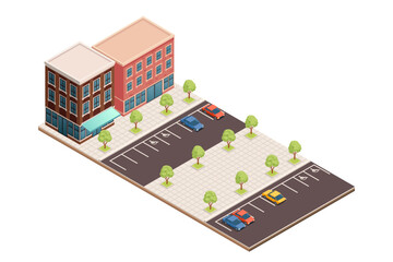 Isometric city building set. Mixed-use structures with retail and residential spaces. Parking area with marked spaces. Small trees for landscaping. Urban architecture with multiple floors. Vector