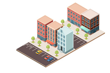 Isometric city building set. Mixed-use structures with retail and residential spaces. Parking area with marked spaces. Small trees for landscaping. Urban architecture with multiple floors. Vector