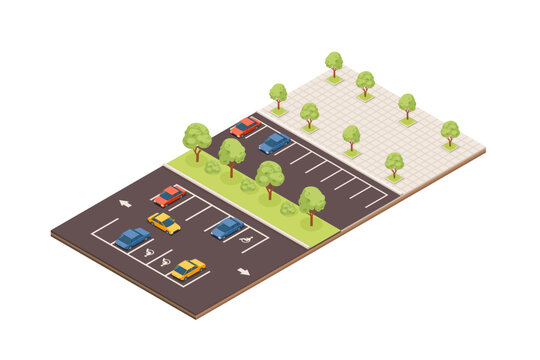 Isometric parking lot elements. Asphalt surface with marked spaces. Parked vehicles in various colors. Green trees along perimeter. Urban planning components. Vector illustration isolated