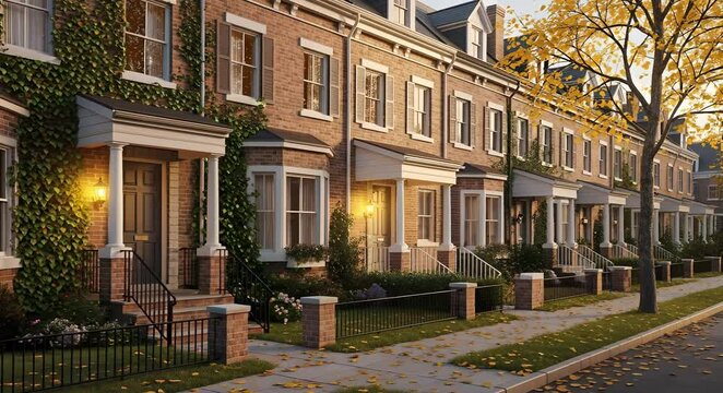 Title: Charming row houses with autumn foliage at dusk