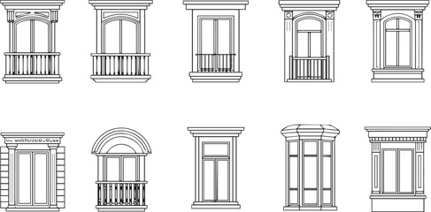 Set of Architectural Window Designs with Balconies and Decorative Frames architecture facade