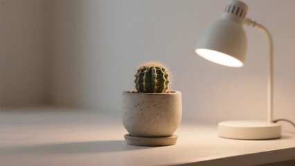 Cactus in a pot illuminated by a desk lamp on a white surface
