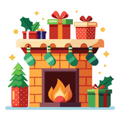 Cozy christmas fireplace with gifts and stockings isolated on white background