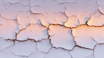 Fototapeta premium A close-up of a cracked wall with light white and amber hues, showcasing texture and details; soft lighting on a solid backdrop highlights intricate patterns of each crack.