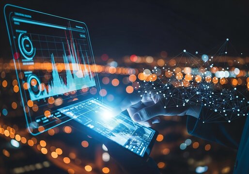 Analyzing data on modern digital interface at night - Powered by Adobe