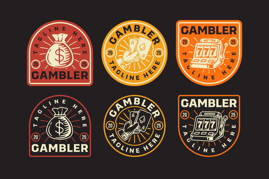 Money bag, slot machine, playing cards retro badge logo vector design set for entertainment. Gambling vintage emblem logo graphic collections. 77 slot, poker card, cash bag illustration label elements