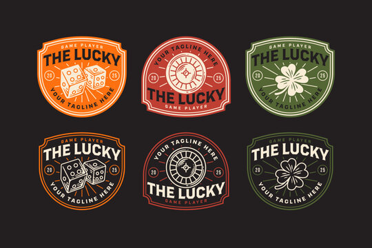 Dice, roulette, clover retro badge logo vector design set for entertainment. Wheel, four-leaf clover, and dice vintage emblem logo graphic collections. Poker casino illustration label element designs