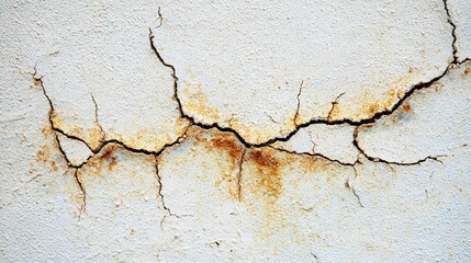 Obraz premium A close-up of a cracked wall with light white and amber hues, showcasing texture and details; soft lighting on a solid backdrop highlights intricate patterns of each crack.