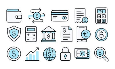 Geometric Line Art Finance Icons Set – Fintech, Banking, Crypto, Wallet, Payment Symbols


