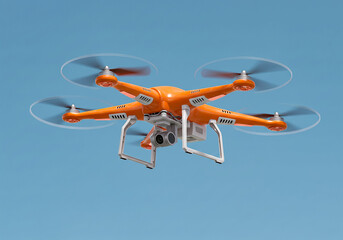 Orange drone with camera flying against a clear blue sky