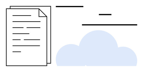 Stacked documents next to a simplified cloud icon and flowing lines suggest data transfer. Ideal for cloud storage, digital organization, file sharing, collaboration, technology, online access