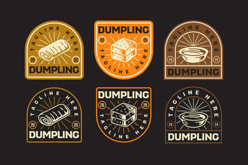 Egg roll, tofu, sauce dim sum retro badge logo vector design set for culinary, restaurant. Dumpling Asian snack vintage emblem logo graphic collections. Chinese food illustration label element designs