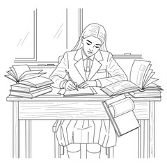 Black and white vector line drawing of a school 