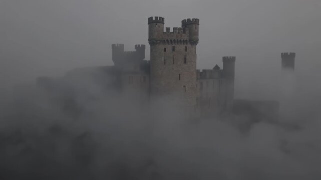 Castle emerging from heavy morning mist underlines fantasy adventure inspirational mood creating sense of ancient mystery and evocative storytelling