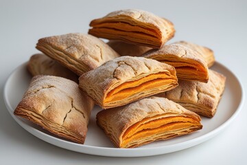 Stacked golden baked square pastries with orange filling on a white plate close up food photography